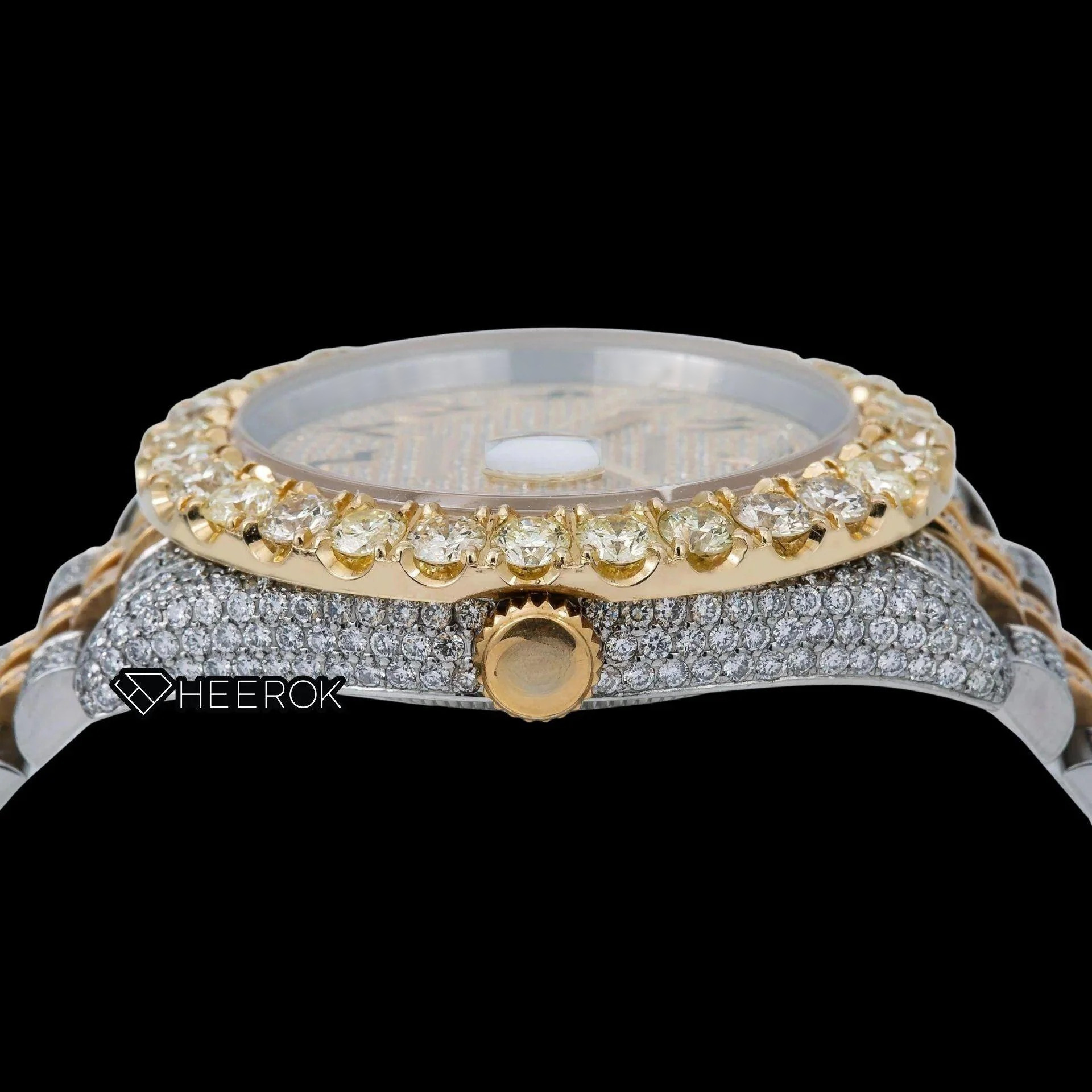 Rolex Datejust Yellow Dial Arabic Numerals Large Round Diamond Bezel Two Tone Yellow Gold Iced Out Moissanite Diamond Jubilee Bracelet For Women