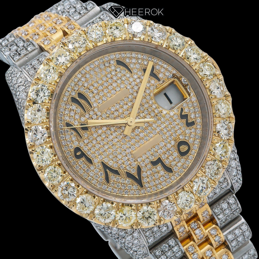 Rolex Datejust Yellow Dial Arabic Numerals Large Round Diamond Bezel Two Tone Yellow Gold Iced Out Moissanite Diamond Jubilee Bracelet For Women