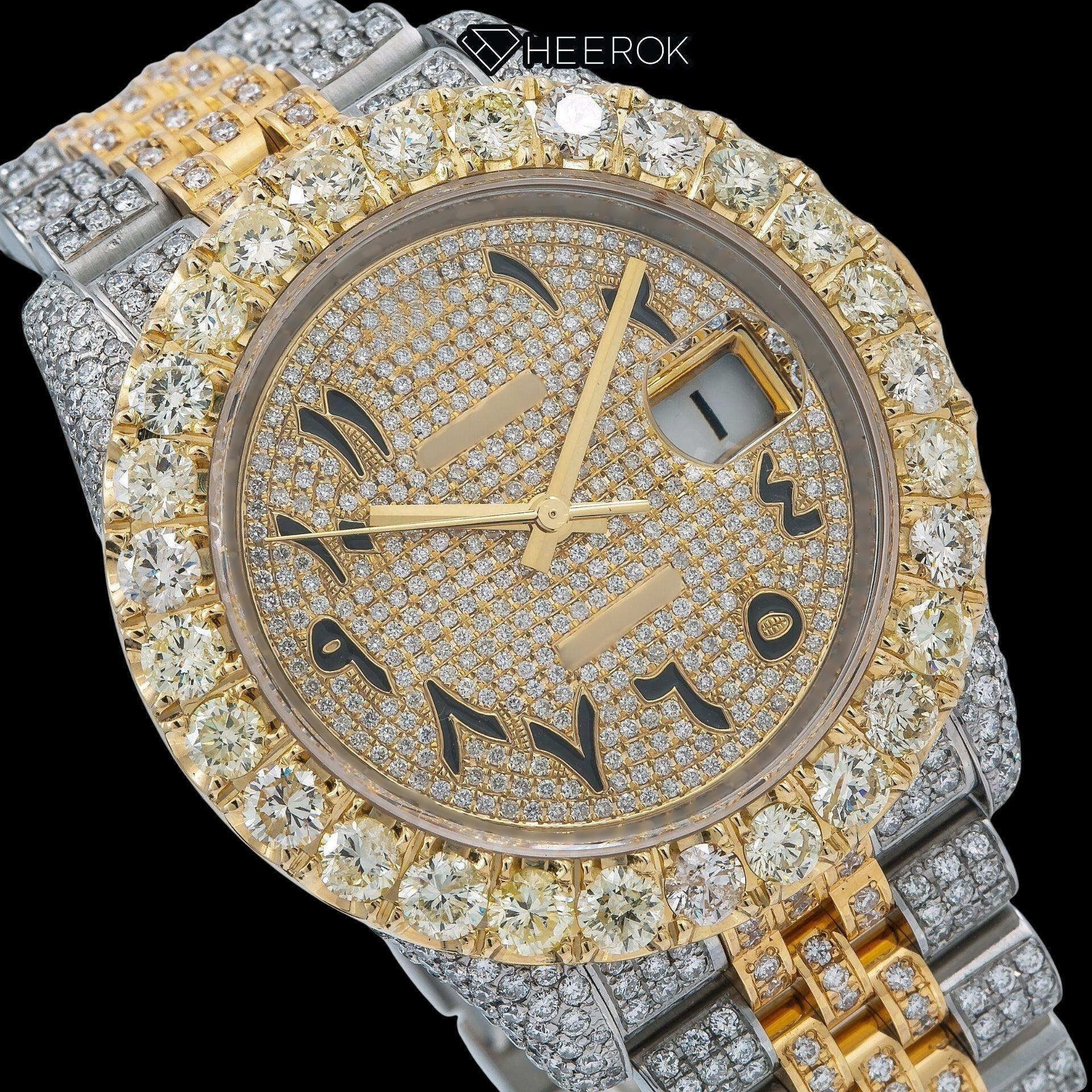 Rolex Datejust Yellow Dial Arabic Numerals Large Round Diamond Bezel Two Tone Yellow Gold Iced Out Moissanite Diamond Jubilee Bracelet For Women