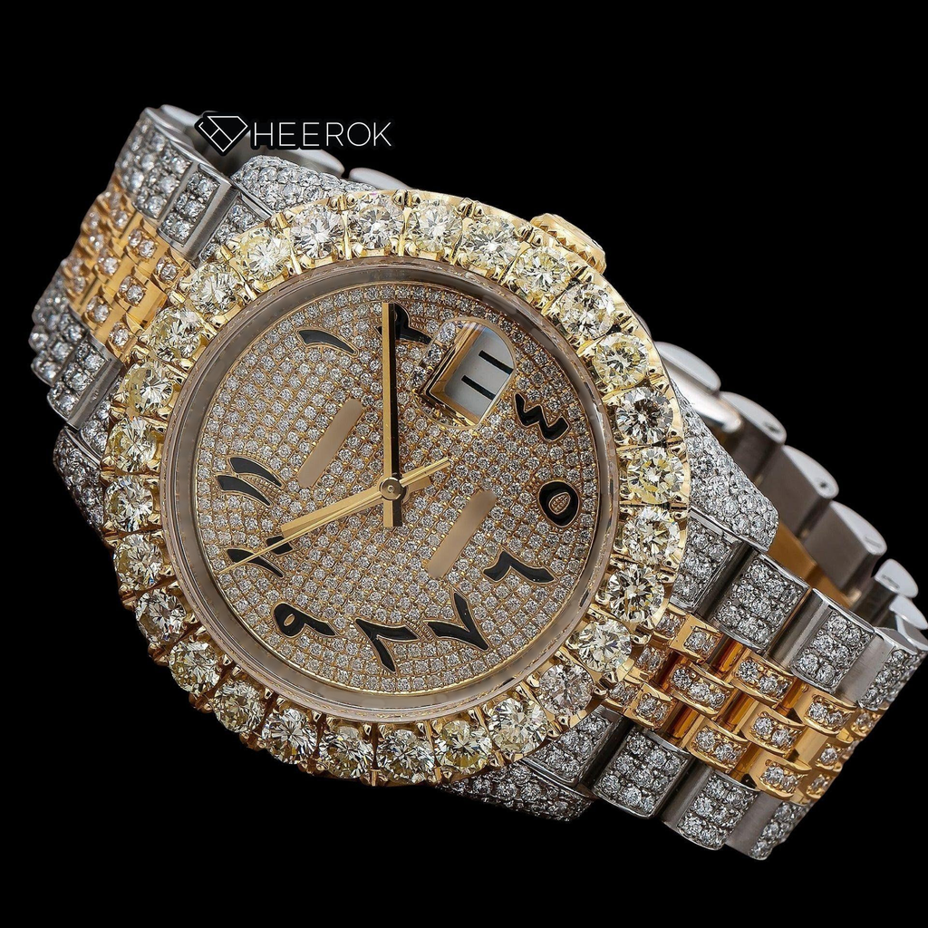 Rolex Datejust Yellow Dial Arabic Numerals Large Round Diamond Bezel Two Tone Yellow Gold Iced Out Moissanite Diamond Jubilee Bracelet For Women