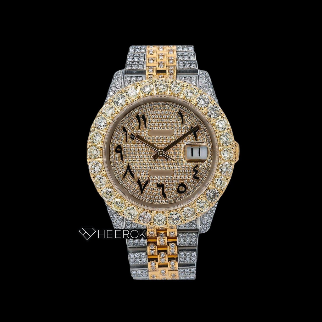 Rolex Datejust Yellow Dial Arabic Numerals Large Round Diamond Bezel Two Tone Yellow Gold Iced Out Moissanite Diamond Jubilee Bracelet For Women