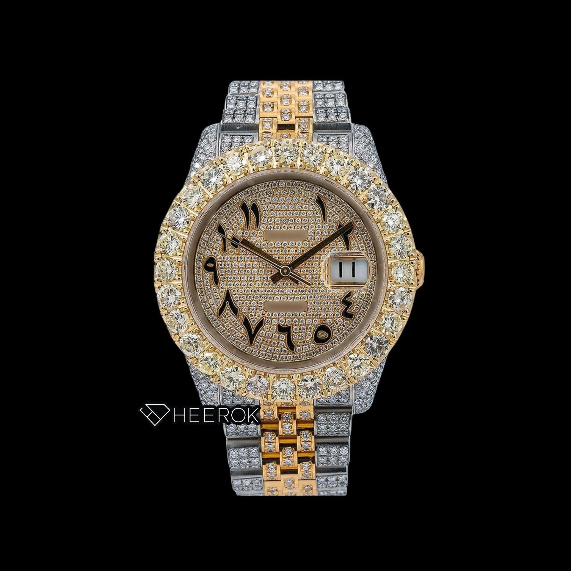 Rolex Datejust Yellow Dial Arabic Numerals Large Round Diamond Bezel Two Tone Yellow Gold Iced Out Moissanite Diamond Jubilee Bracelet For Women