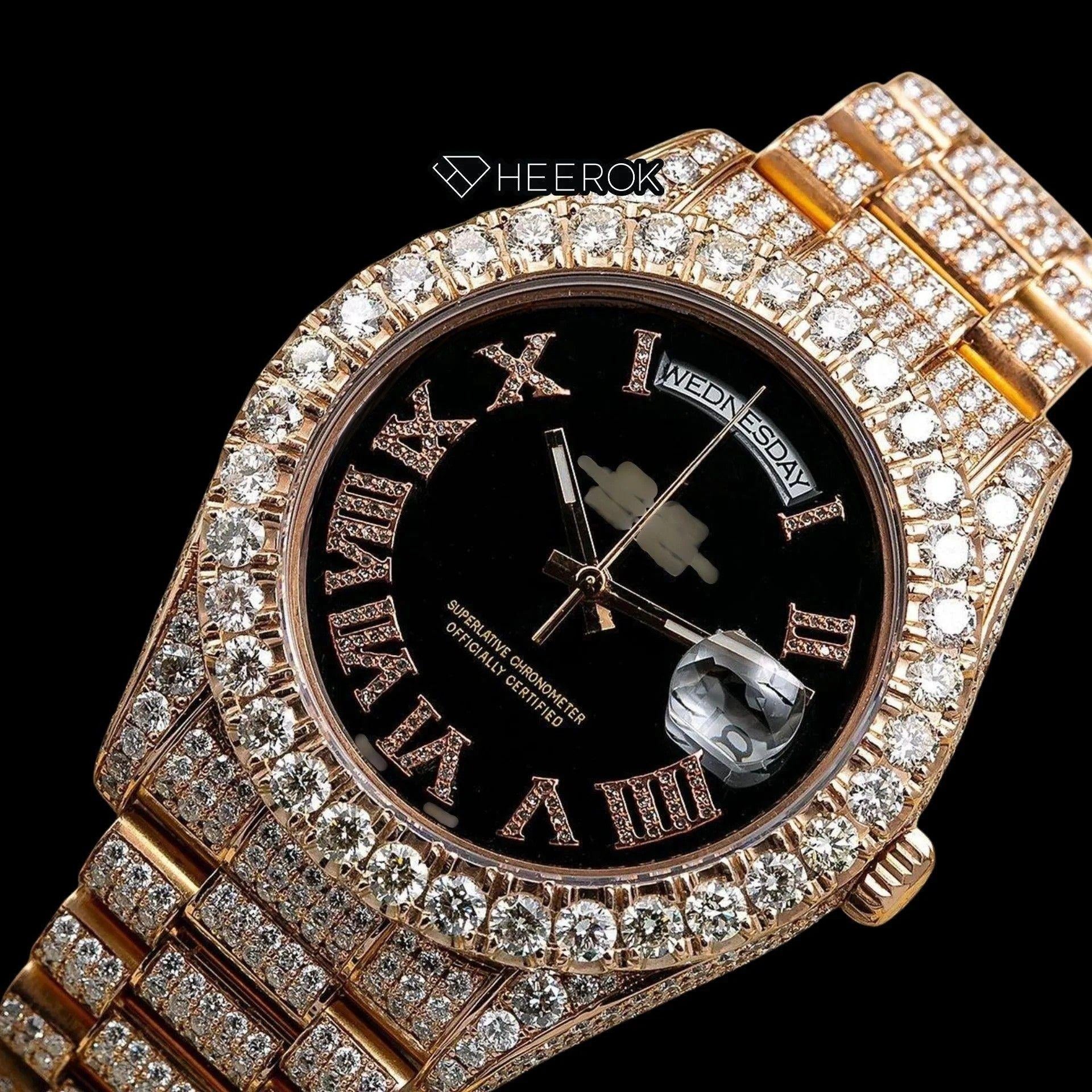 Rolex Day-Date Black Dial Roman Diamond Numerals Large Round Diamond Bezel Fully Iced Rose Gold Moissanite Diamond President Bracelet