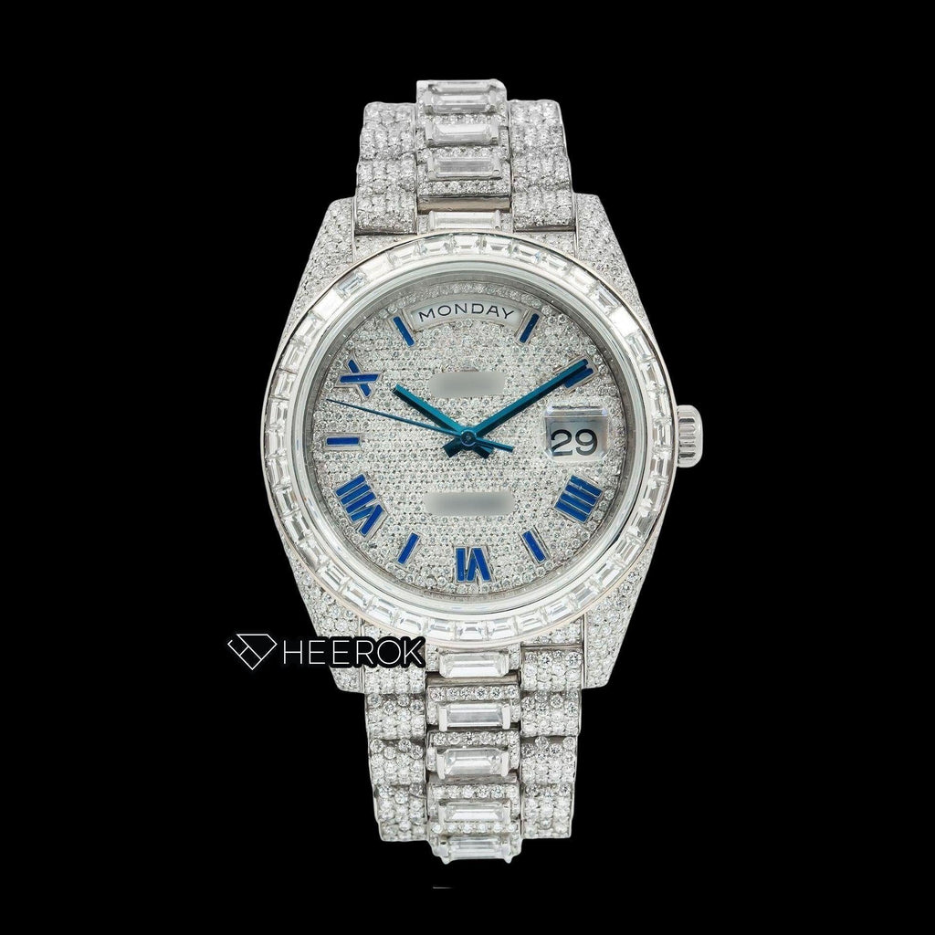 Rolex Day-Date Full Paved Dial Blue Roman Numerals Baguette Diamond Bezel Fully Iced Moissanite Diamond President Bracelet Watch