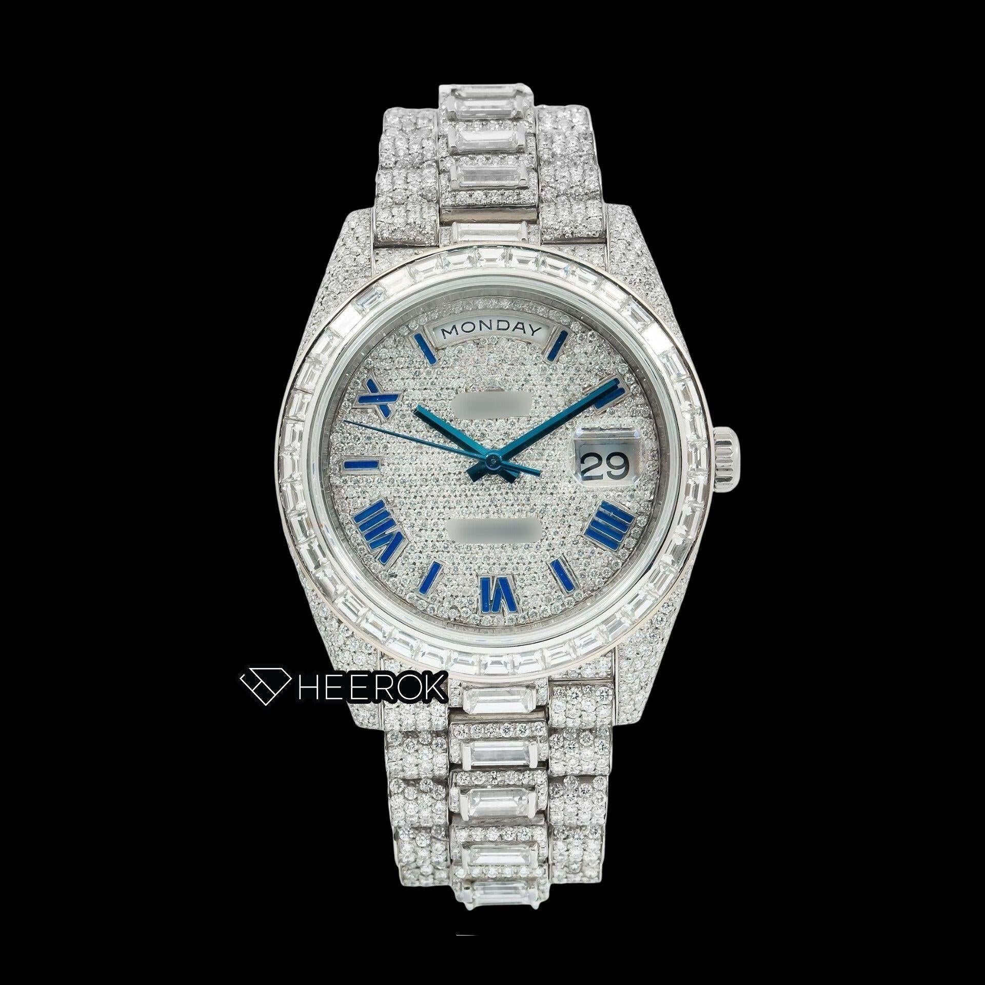 Rolex Day-Date Full Paved Dial Blue Roman Numerals Baguette Diamond Bezel Fully Iced Moissanite Diamond President Bracelet Watch