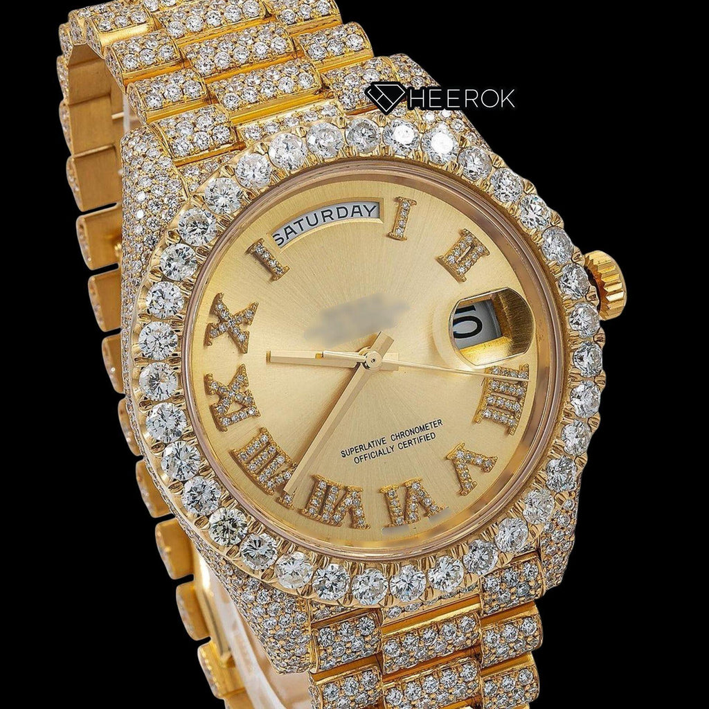 Rolex Day-Date Yellow Dial Roman Diamond Numerals Large Round Diamond Bezel Yellow Gold Fully Iced Moissanite Diamond President Bracelet