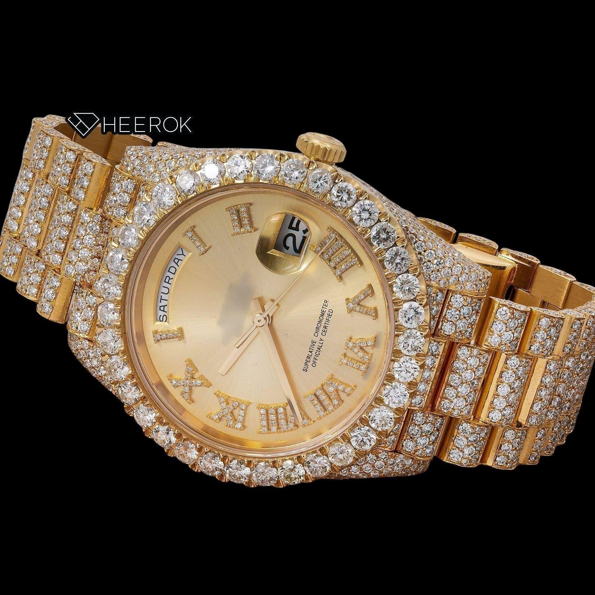Rolex Day-Date Yellow Dial Roman Diamond Numerals Large Round Diamond Bezel Yellow Gold Fully Iced Moissanite Diamond President Bracelet