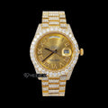 Rolex Day-Date Yellow Dial Roman Diamond Numerals Large Round Diamond Bezel Yellow Gold Fully Iced Moissanite Diamond President Bracelet