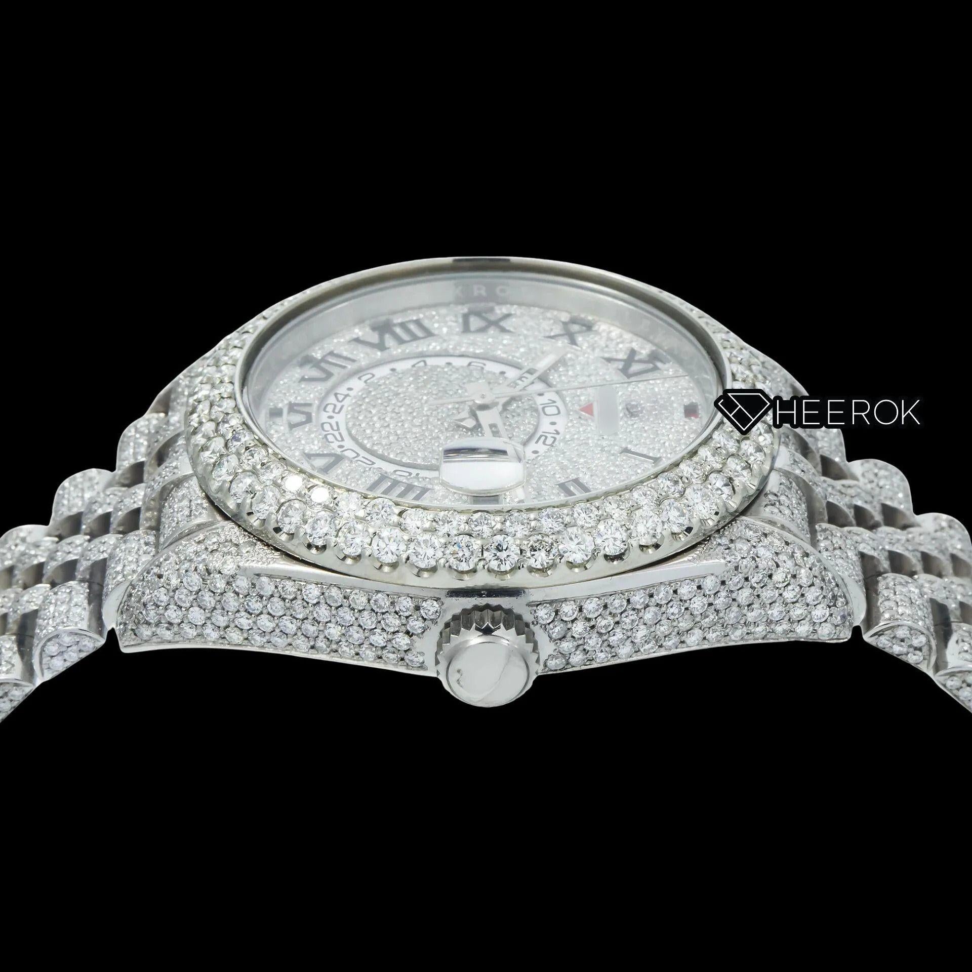 Rolex Sky-Dweller White Paved Dial Roman Numerals Diamond Bezel Bust Down Moissanite Diamond Jubilee Bracelet Watch