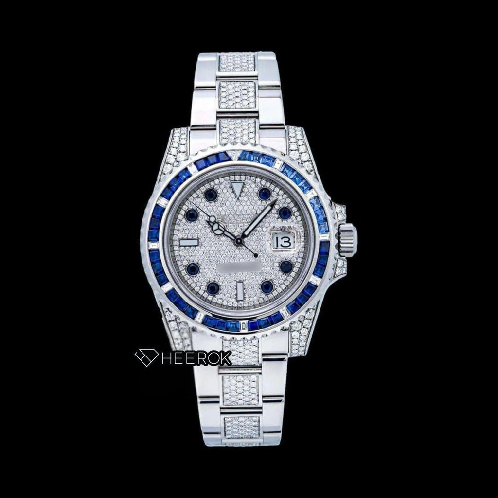Rolex Submariner Full Pave Dial Blue Sapphire Bezel Diamond Markers Moissanite Diamond Oyster Bracelet