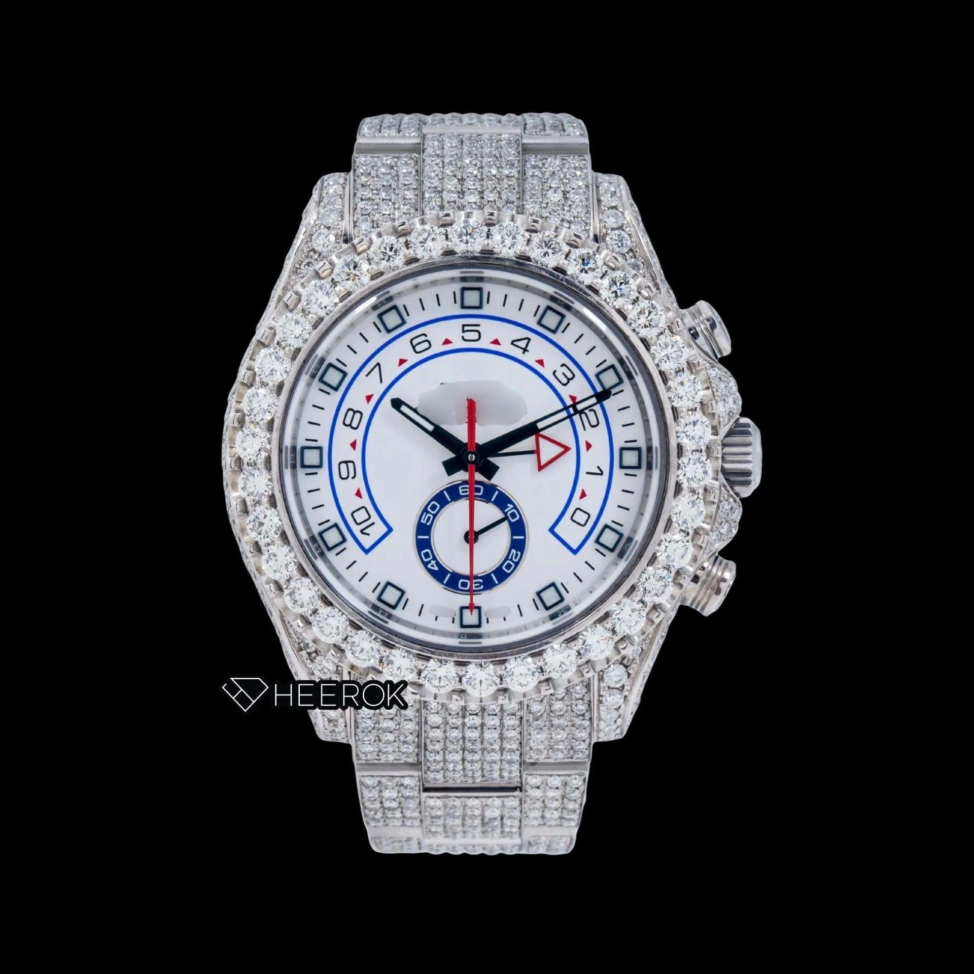 Rolex Yacht-Master White Dial Square Shape Markers Diamond Bezel  Fully Iced Moissanite Diamond Oyster Bracelet Watch