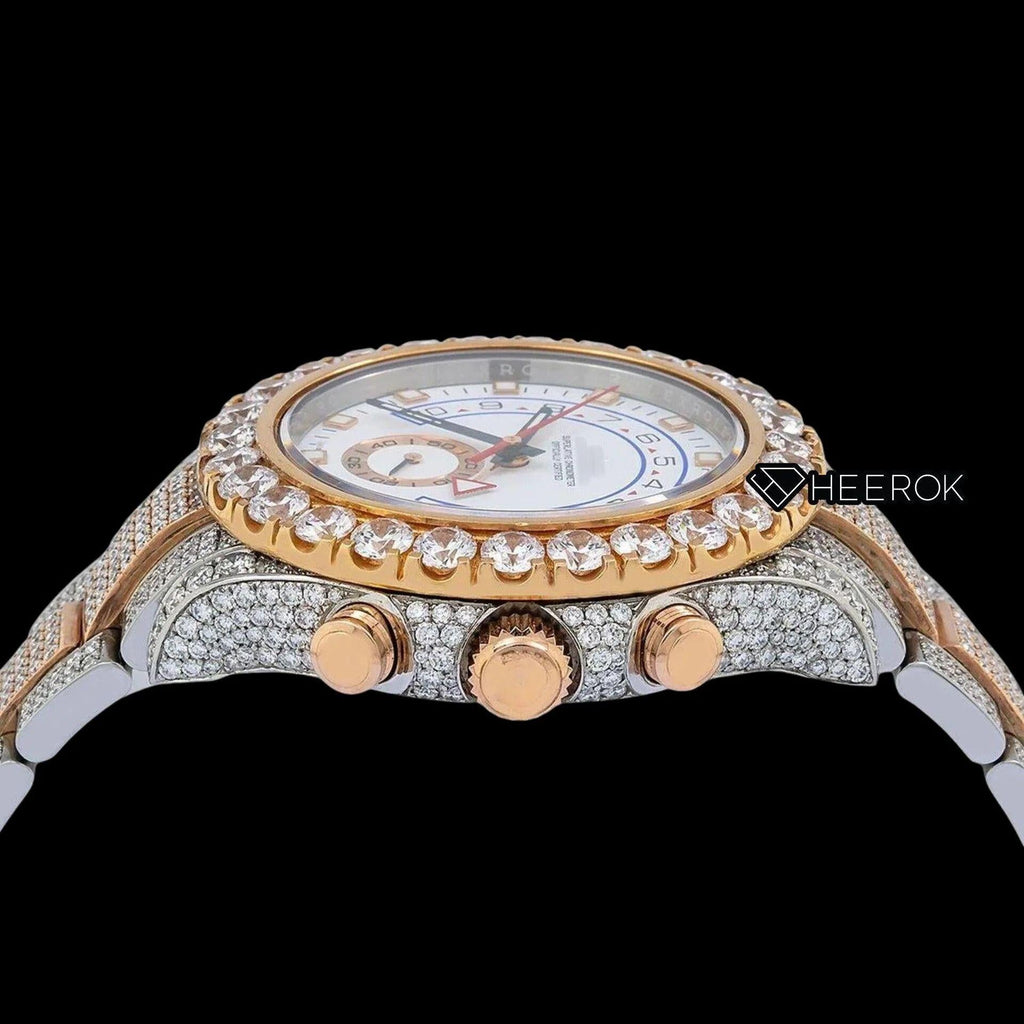 Rolex Yacht-Master White Dial Square Shape Markers Large Round Diamond Bezel Two Tone Rose Gold Moissanite Diamond Oyster Bracelet Watch