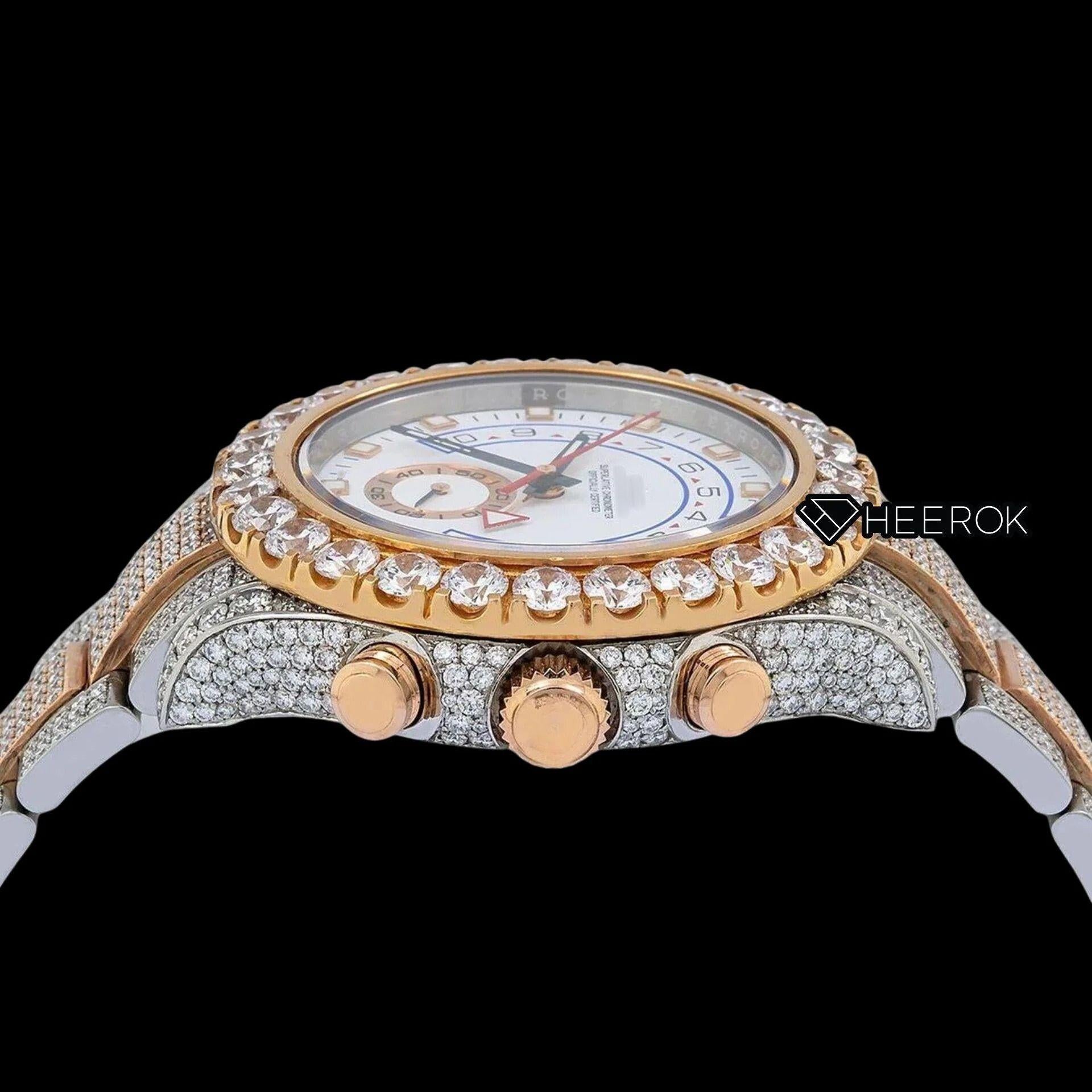 Rolex Yacht-Master White Dial Square Shape Markers Large Round Diamond Bezel Two Tone Rose Gold Moissanite Diamond Oyster Bracelet Watch