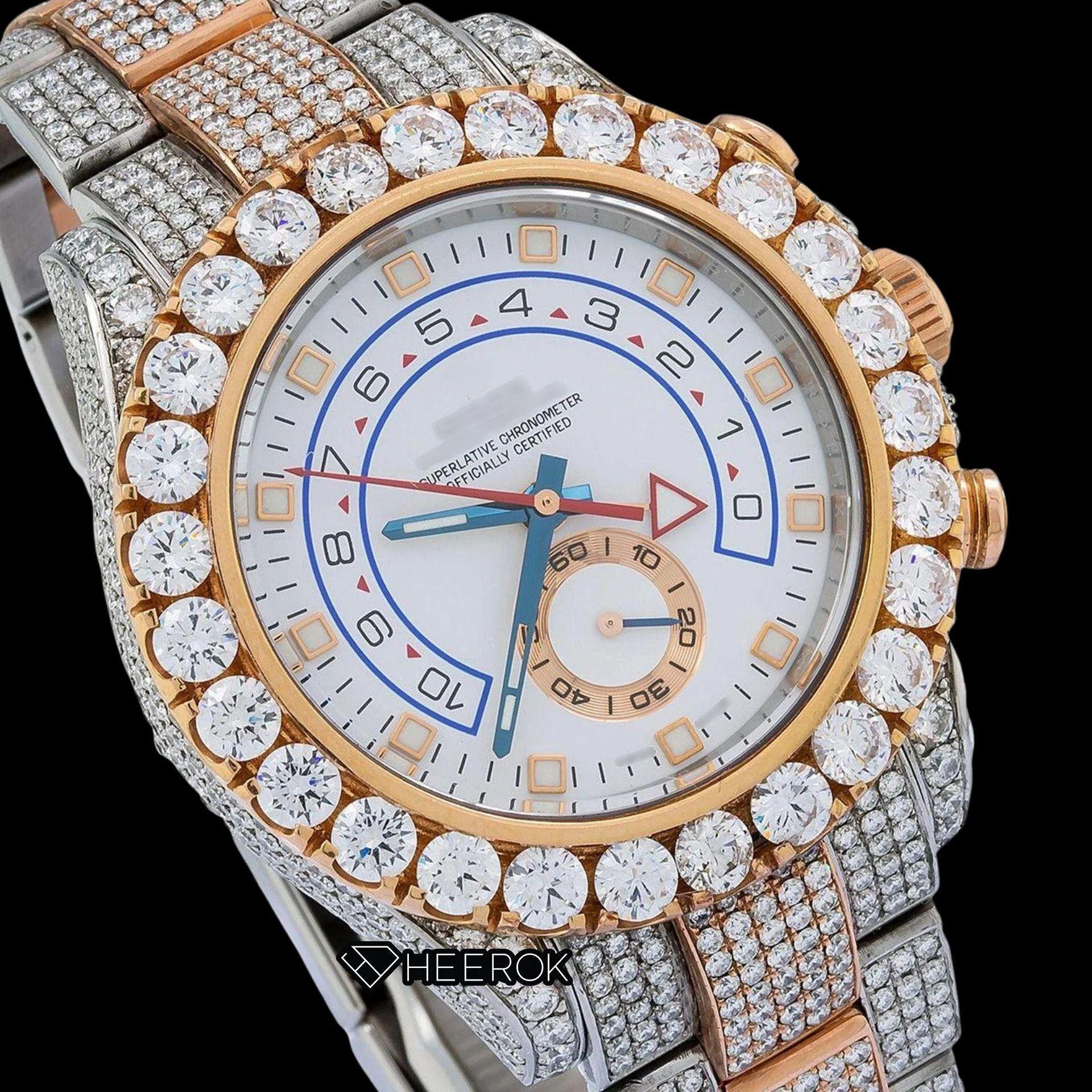 Rolex Yacht-Master White Dial Square Shape Markers Large Round Diamond Bezel Two Tone Rose Gold Moissanite Diamond Oyster Bracelet Watch