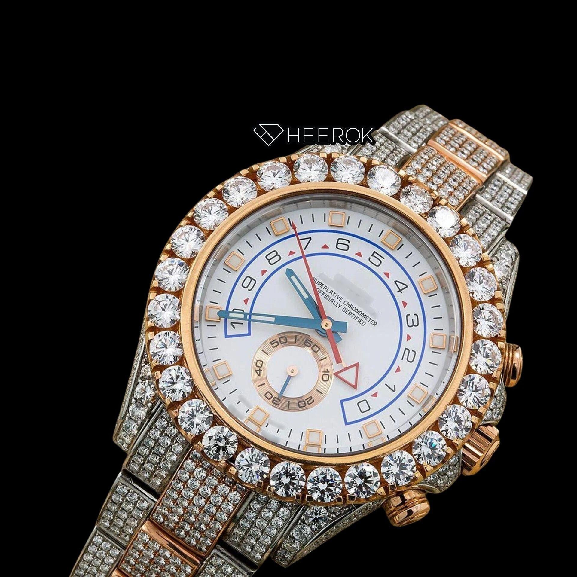 Rolex Yacht-Master White Dial Square Shape Markers Large Round Diamond Bezel Two Tone Rose Gold Moissanite Diamond Oyster Bracelet Watch