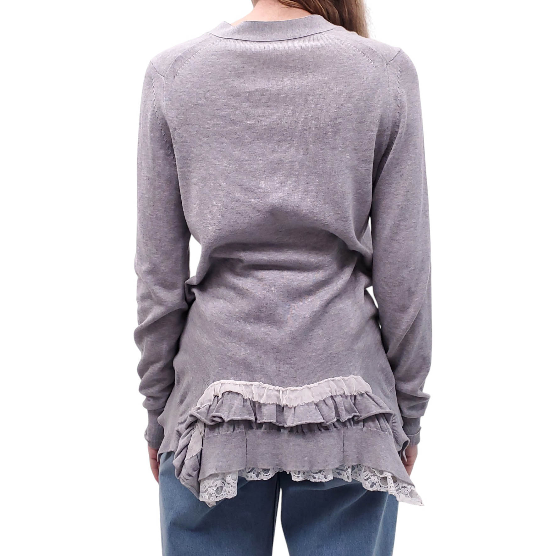 SACAI GREY COTTON AND SILK CARDIGAN WITH RUFFLE LACE DETAIL - SIZE 3/M