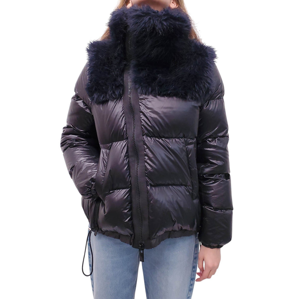 SACAI NAVY AND BLACK PUFFER JACKET WITH FAUX FUR - SIZE 3/M