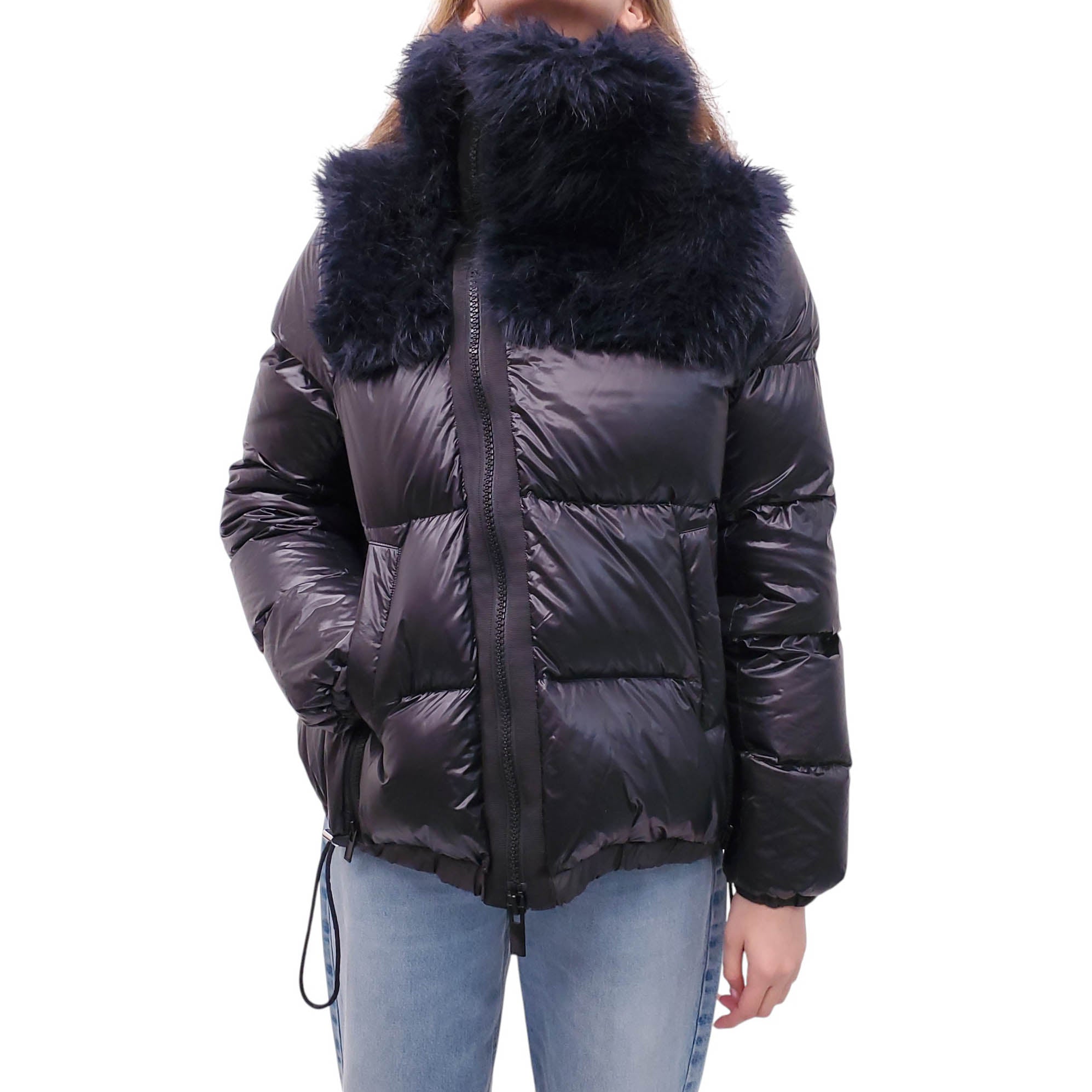 SACAI NAVY AND BLACK PUFFER JACKET WITH FAUX FUR - SIZE 3/M