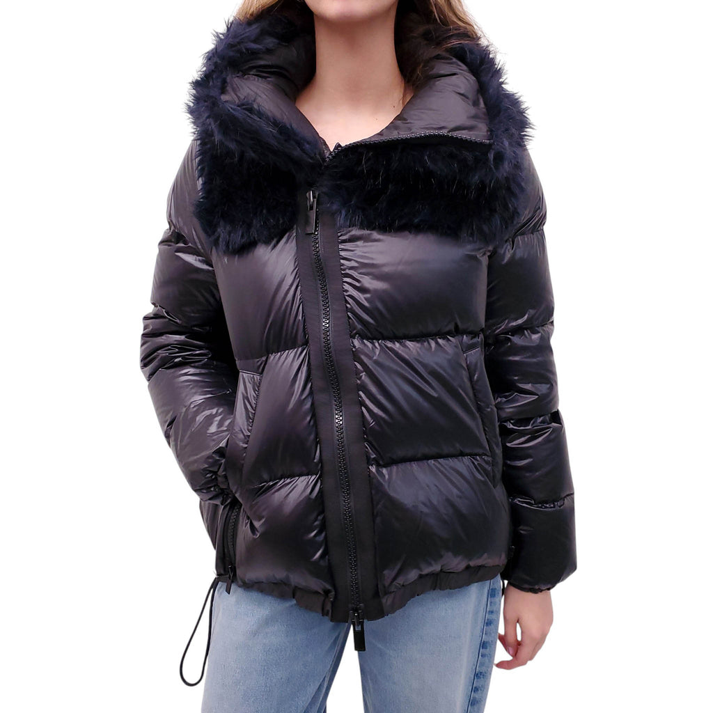 SACAI NAVY AND BLACK PUFFER JACKET WITH FAUX FUR - SIZE 3/M