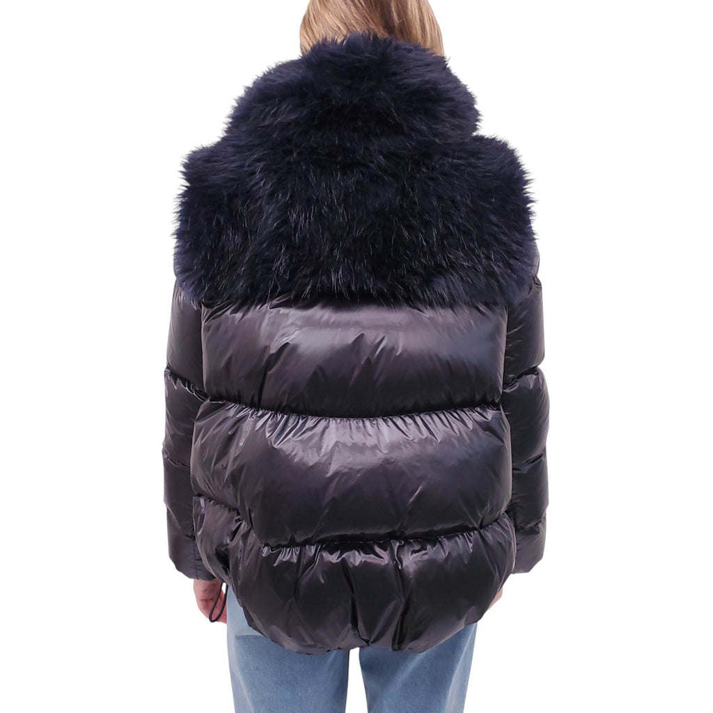 SACAI NAVY AND BLACK PUFFER JACKET WITH FAUX FUR - SIZE 3/M