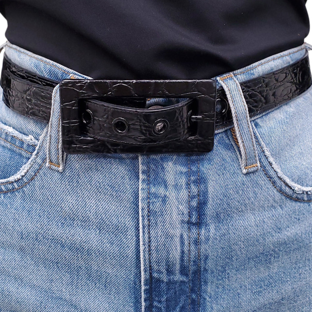 SAINT LAURENT BLACK CROC EMBOSSED BELT - SIZE 75