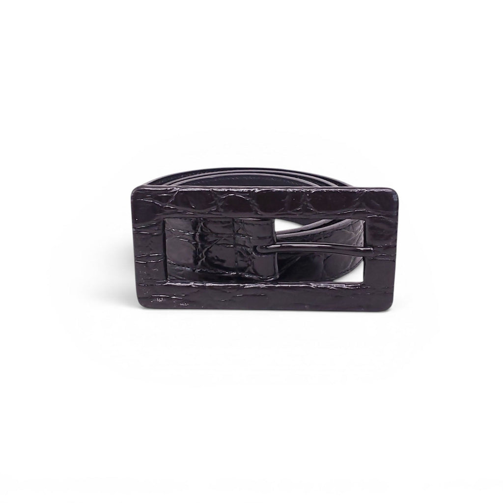 SAINT LAURENT BLACK CROC EMBOSSED BELT - SIZE 75