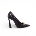 SAINT LAURENT BLACK PATENT BLADE CHAIN HEELS - SIZE 39.5