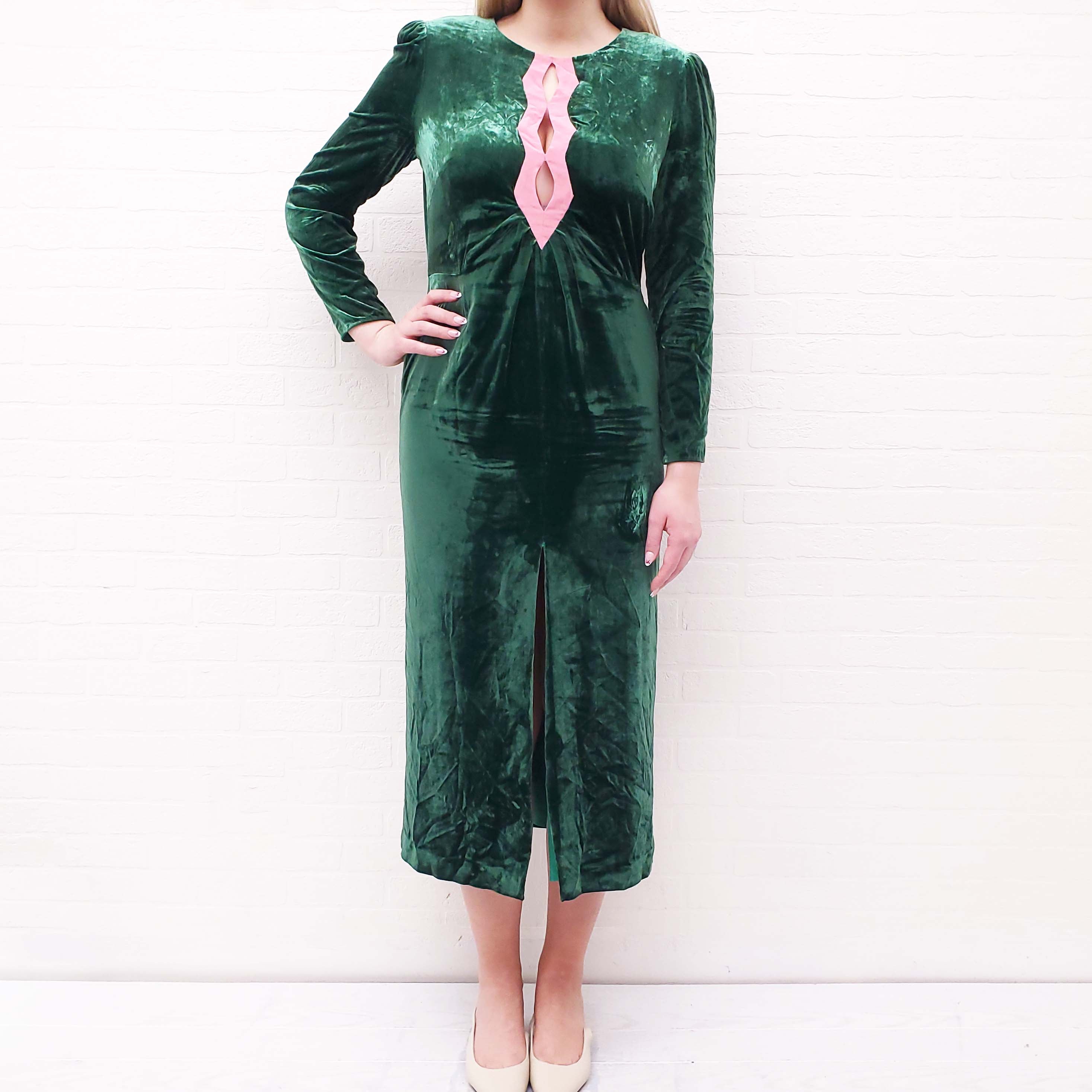 SALONI VELVET GREEN DRESS WITH PINK DETAIL - SIZE 14