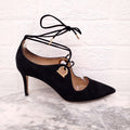 SALVATORE FERRAGAMO SUEDE HEELS WITH GOLD LOGO DETAIL - SIZE 6