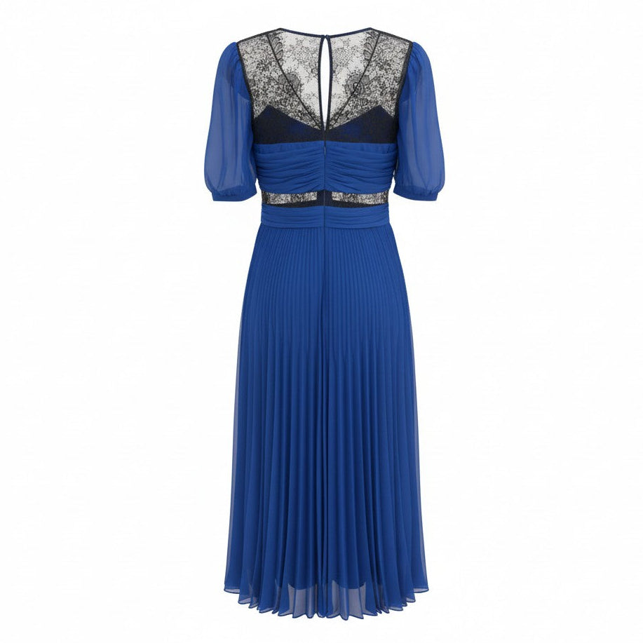 SELF-PORTRAIT ROYAL BLUE PLEATED DRESS WITH LACE - SIZE 10