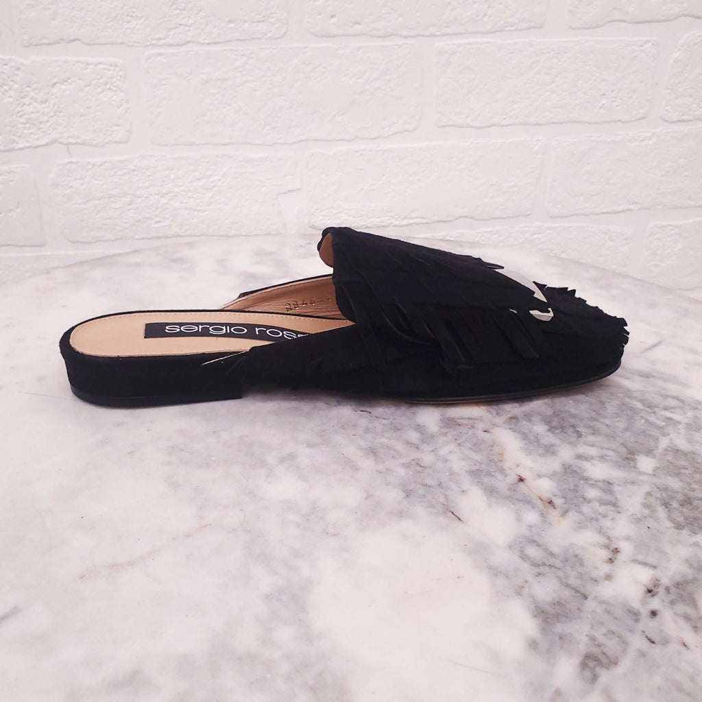 SERGIO ROSSI BLACK SUEDE FRINGE SLIDES - SIZE 35