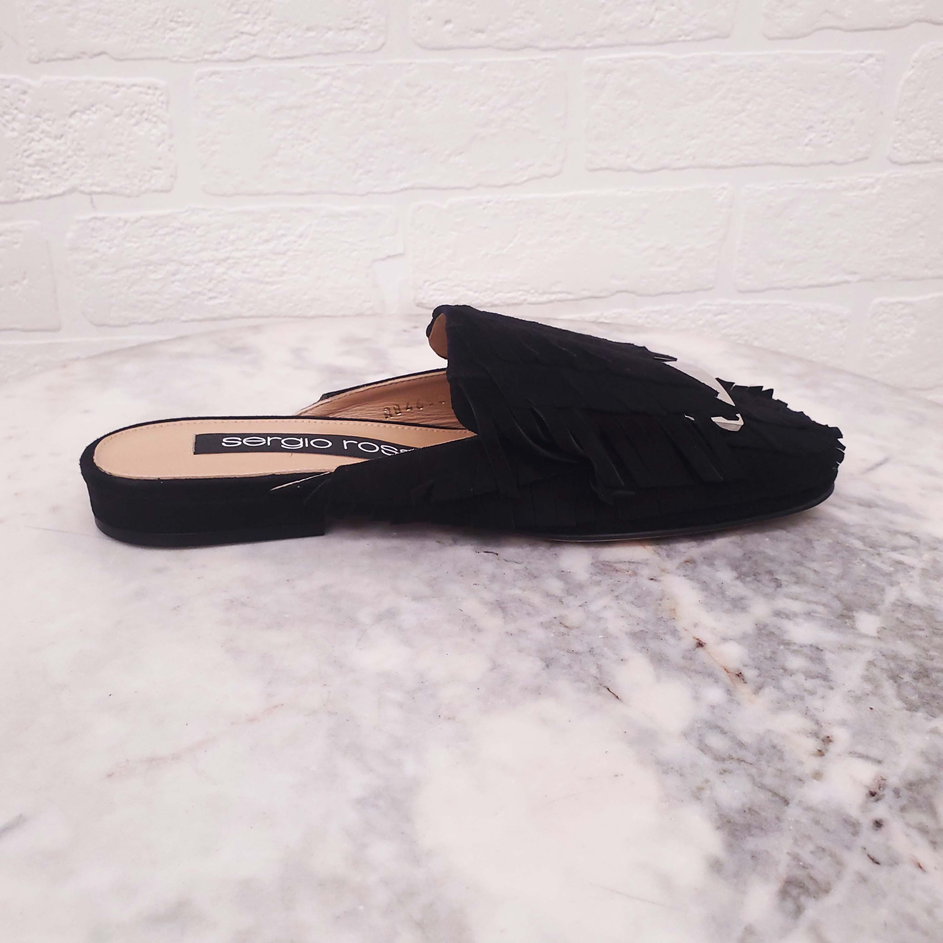 SERGIO ROSSI BLACK SUEDE FRINGE SLIDES - SIZE 35