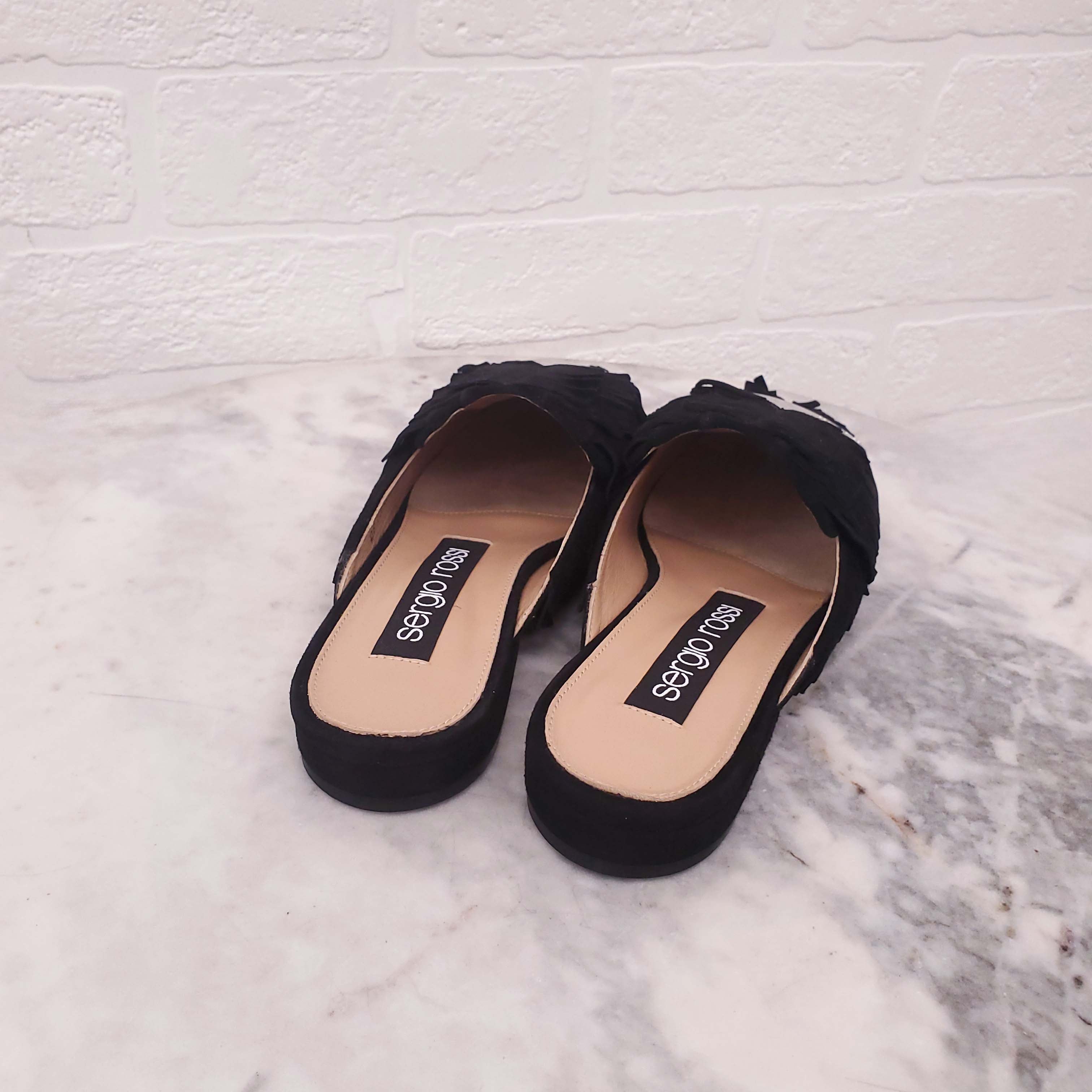 SERGIO ROSSI BLACK SUEDE FRINGE SLIDES - SIZE 35