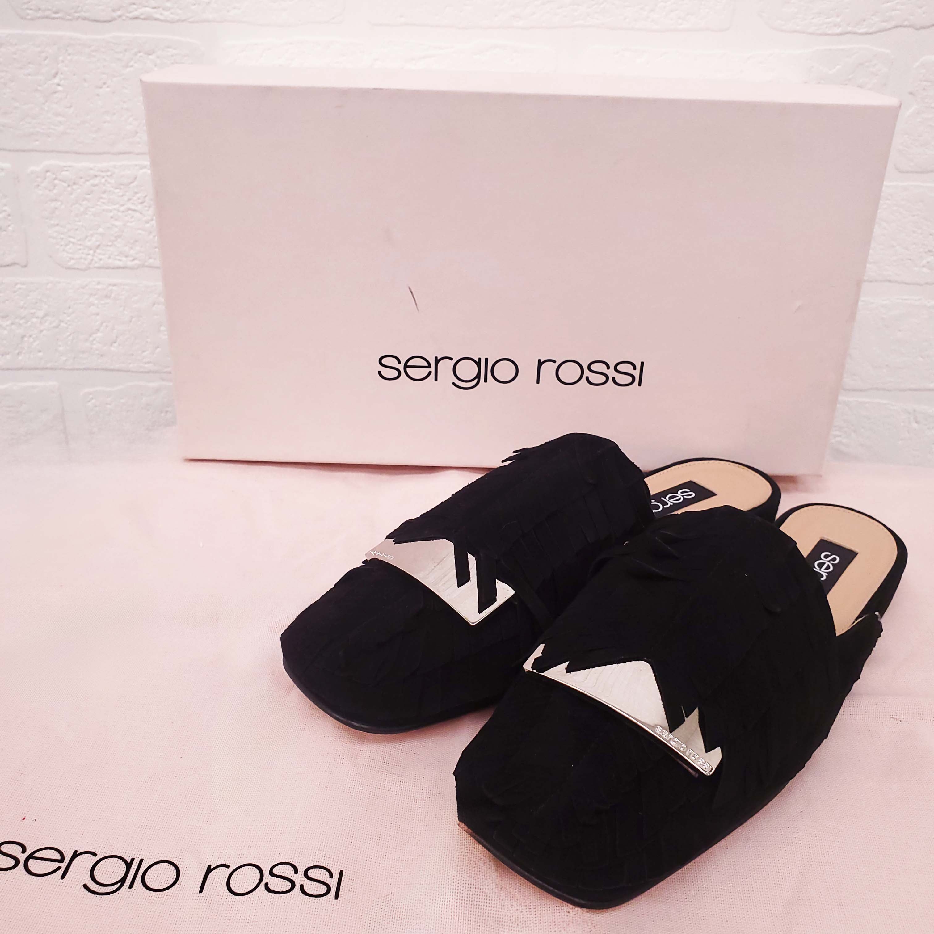 SERGIO ROSSI BLACK SUEDE FRINGE SLIDES - SIZE 35
