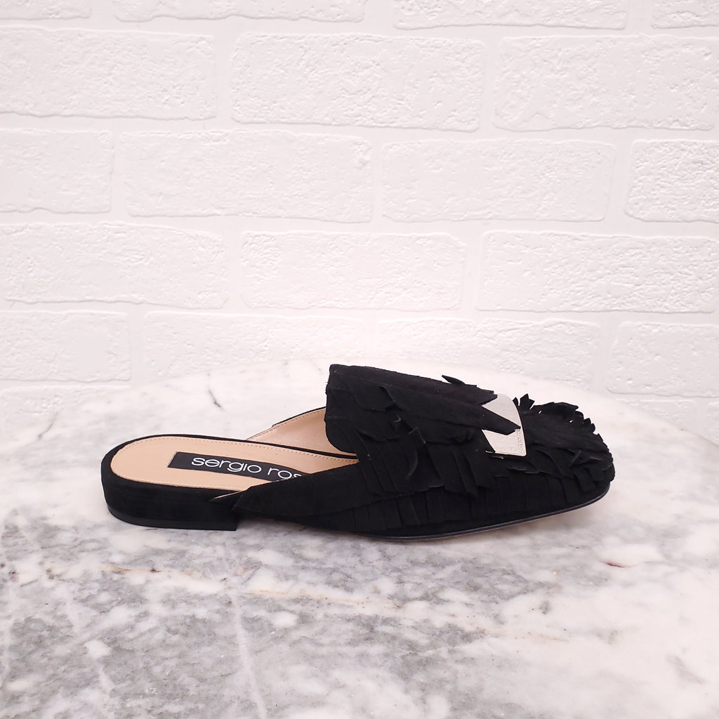 SERGIO ROSSI BLACK SUEDE FRINGE SLIDES - SIZE 36.5