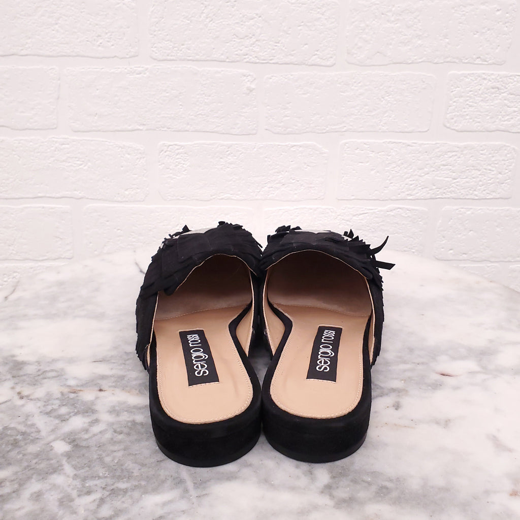 SERGIO ROSSI BLACK SUEDE FRINGE SLIDES - SIZE 36.5