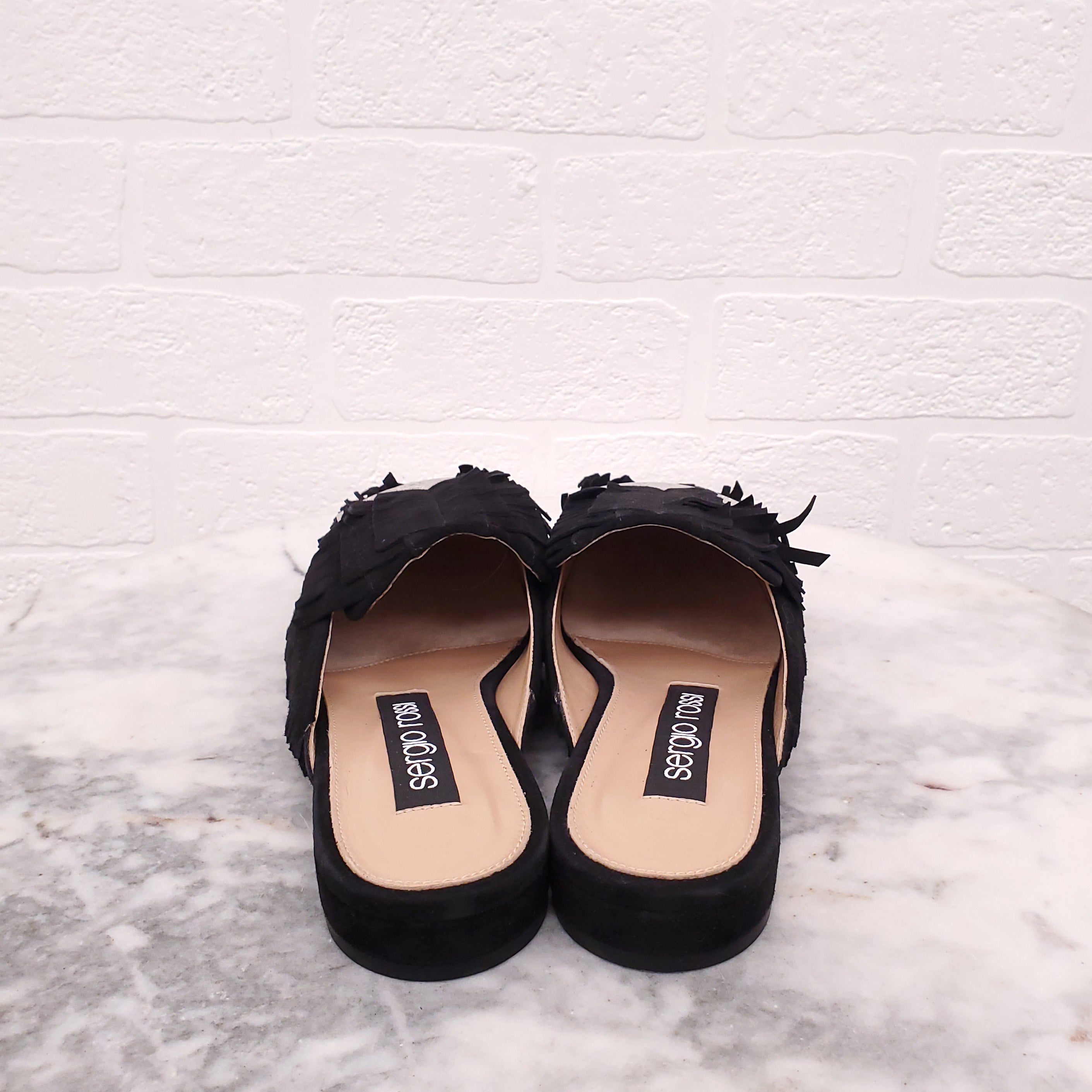 SERGIO ROSSI BLACK SUEDE FRINGE SLIDES - SIZE 36.5