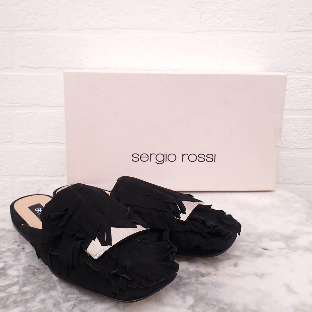SERGIO ROSSI BLACK SUEDE FRINGE SLIDES - SIZE 36.5