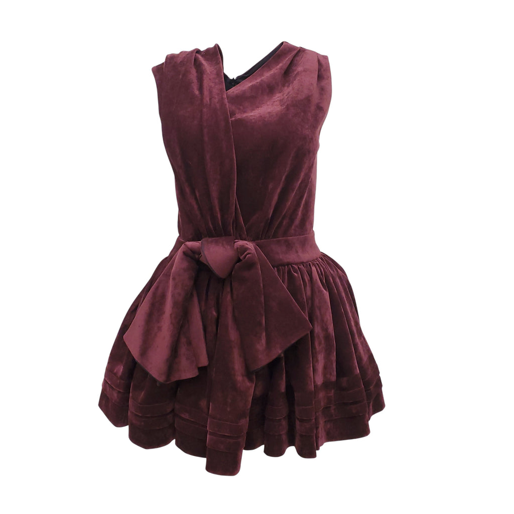 SHUSHU/TONG BURGUNDY TUCK-EDGE SLOPING NECKLINE VELVET DRESS - SIZE UK6 (US 2)