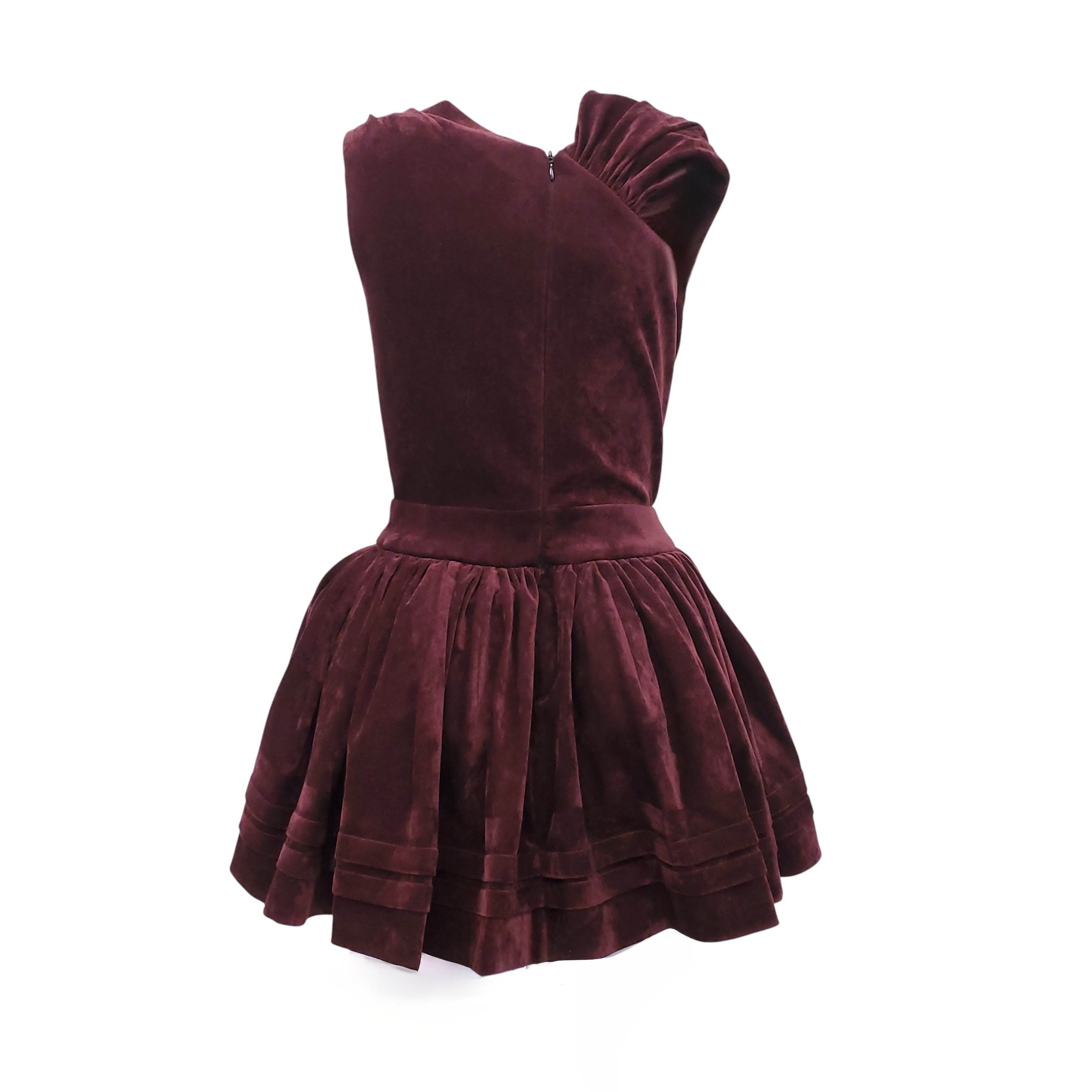 SHUSHU/TONG BURGUNDY TUCK-EDGE SLOPING NECKLINE VELVET DRESS - SIZE UK6 (US 2)