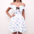 SHUSHU/TONG WHITE AND BLUE FLORAL OFF THE SHOULDER DRESS - SIZE 4 US/8 UK
