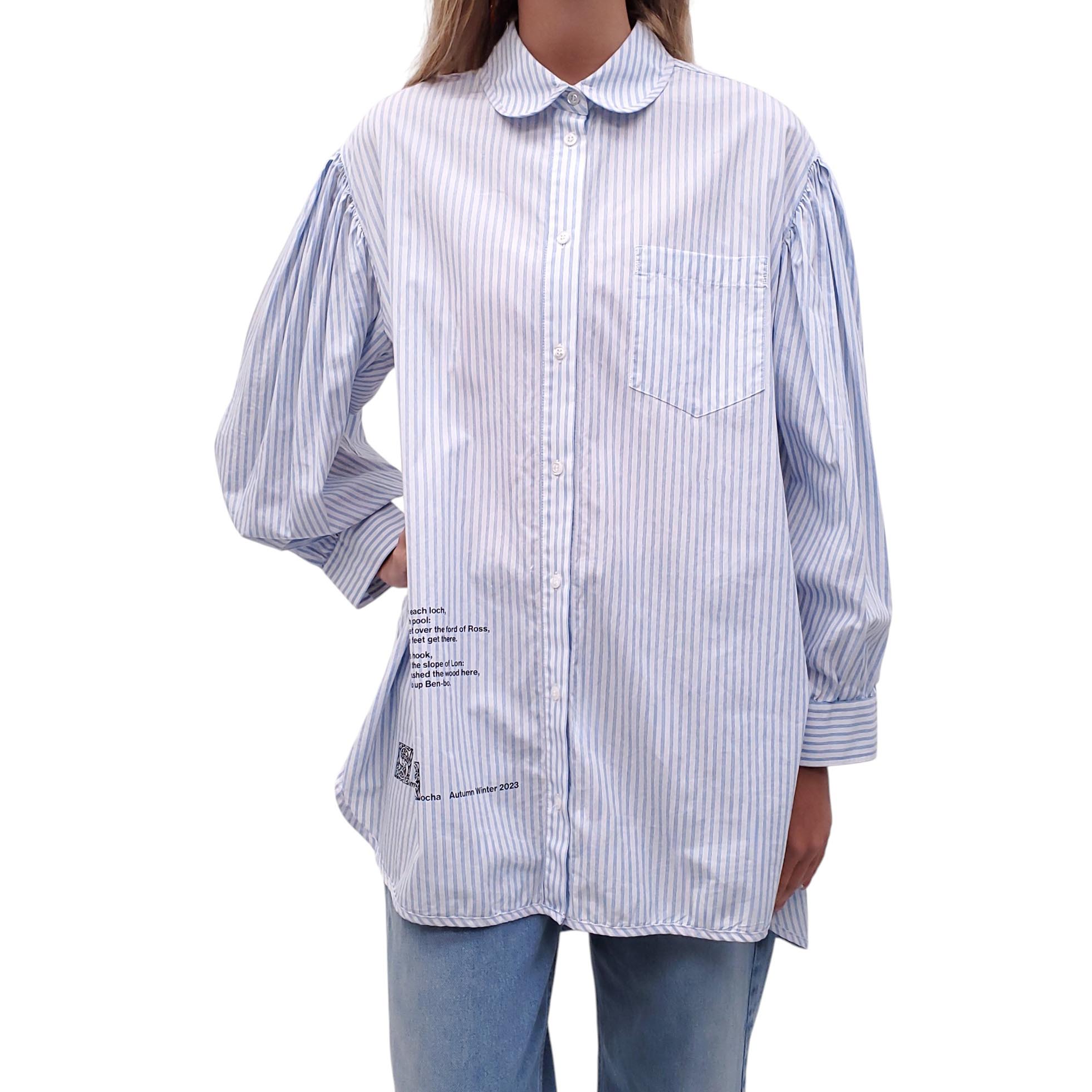 SIMONE ROCHA BLUE AND WHITE STRIPED BLOUSE WITH GRAPHIC DETAIL - SIZE 6
