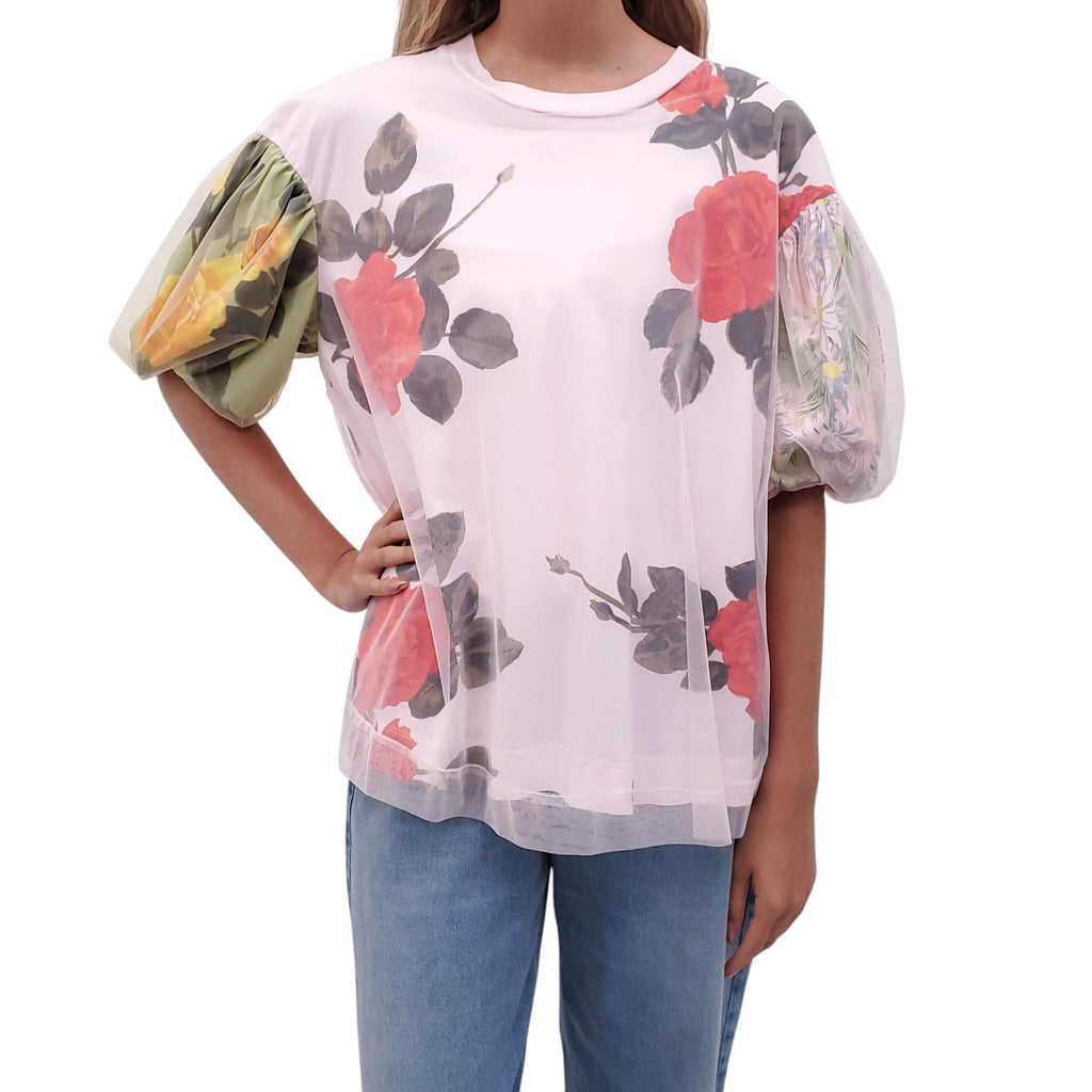 SIMONE ROCHA PINK FLORAL T-SHIRT WITH TULLE OVERLAY - SIZE L