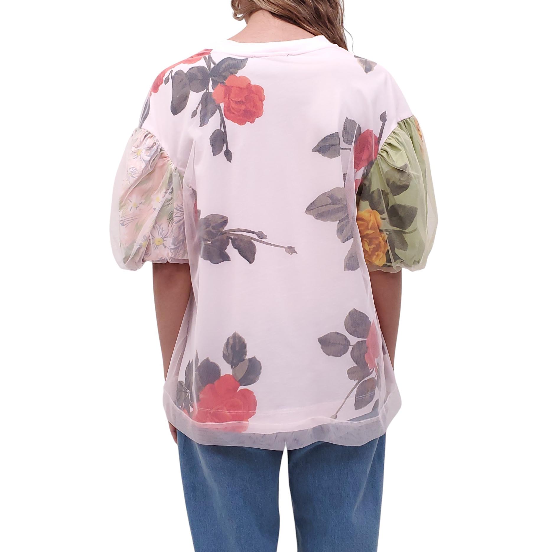 SIMONE ROCHA PINK FLORAL T-SHIRT WITH TULLE OVERLAY - SIZE L