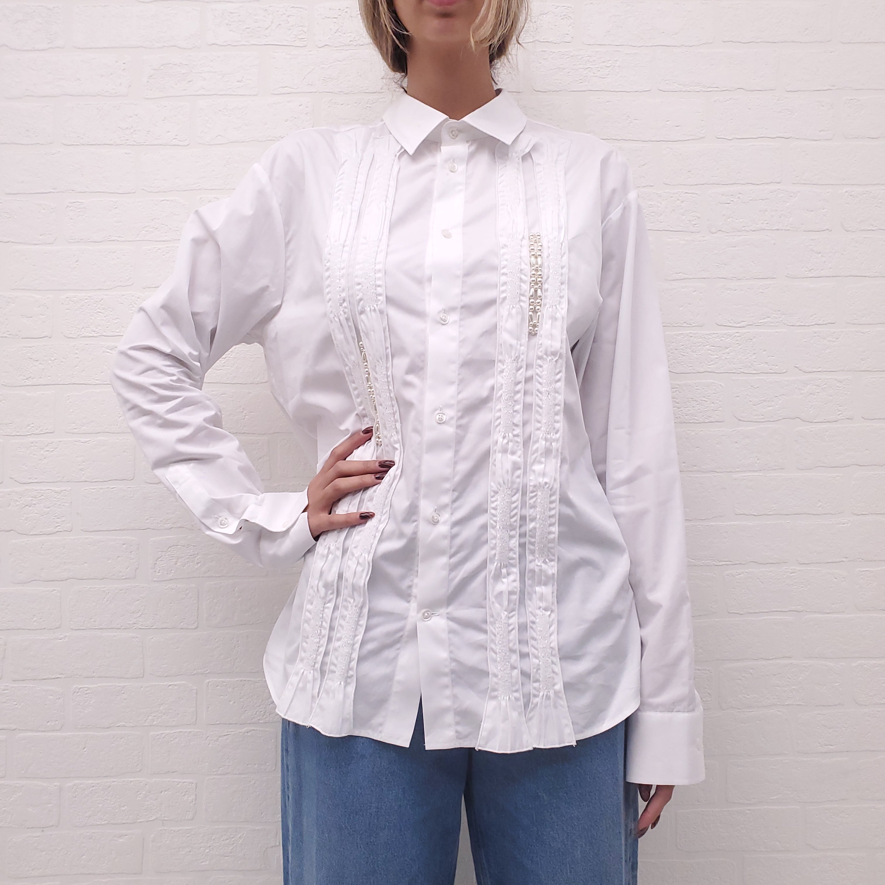 SIMONE ROCHA WHITE BLOUSE WITH PEARL DETAILS - SIZE L