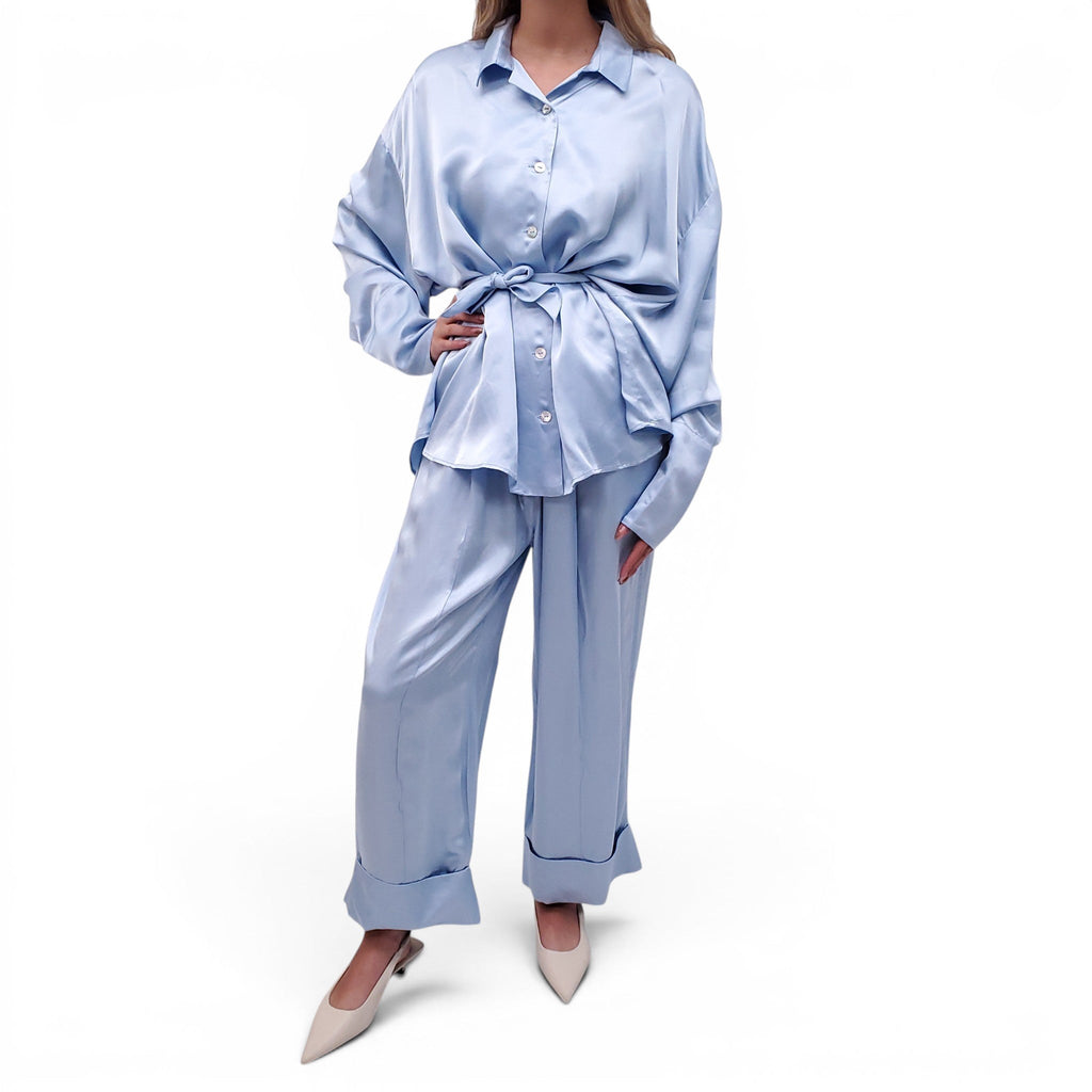 SLEEPER BLUE SATIN LOUNGE SET WITH TIE- SIZE 1/S