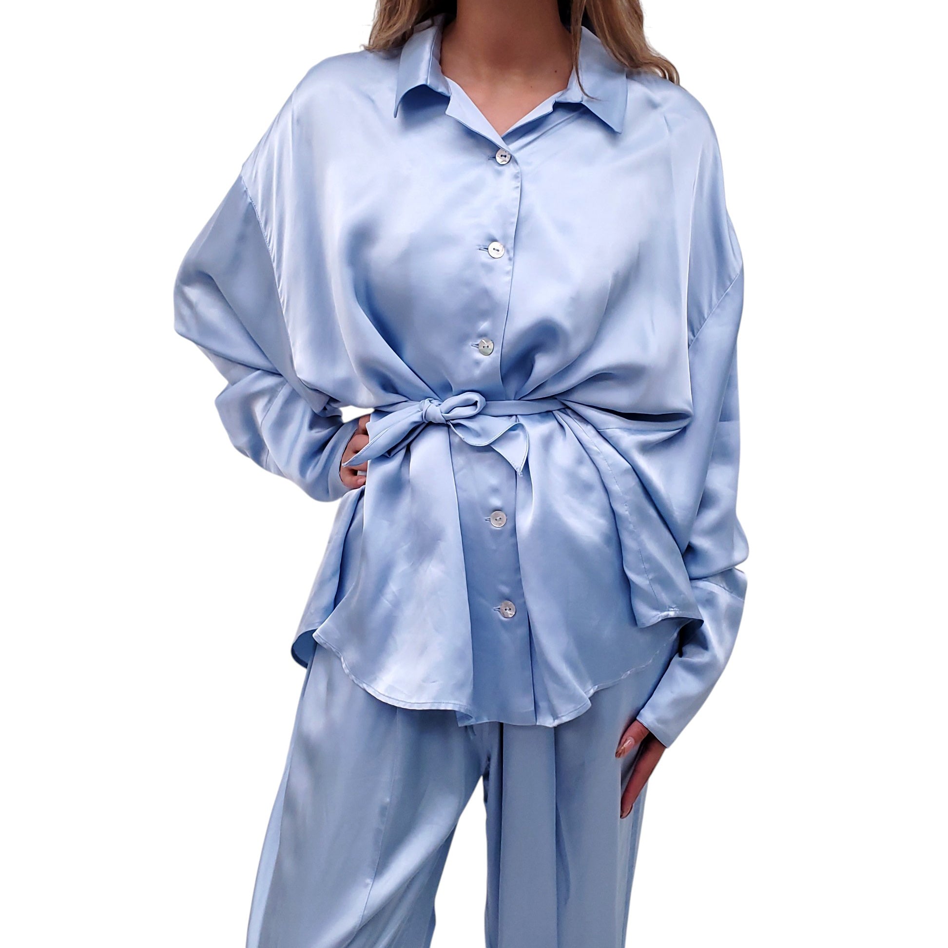 SLEEPER BLUE SATIN LOUNGE SET WITH TIE- SIZE 1/S