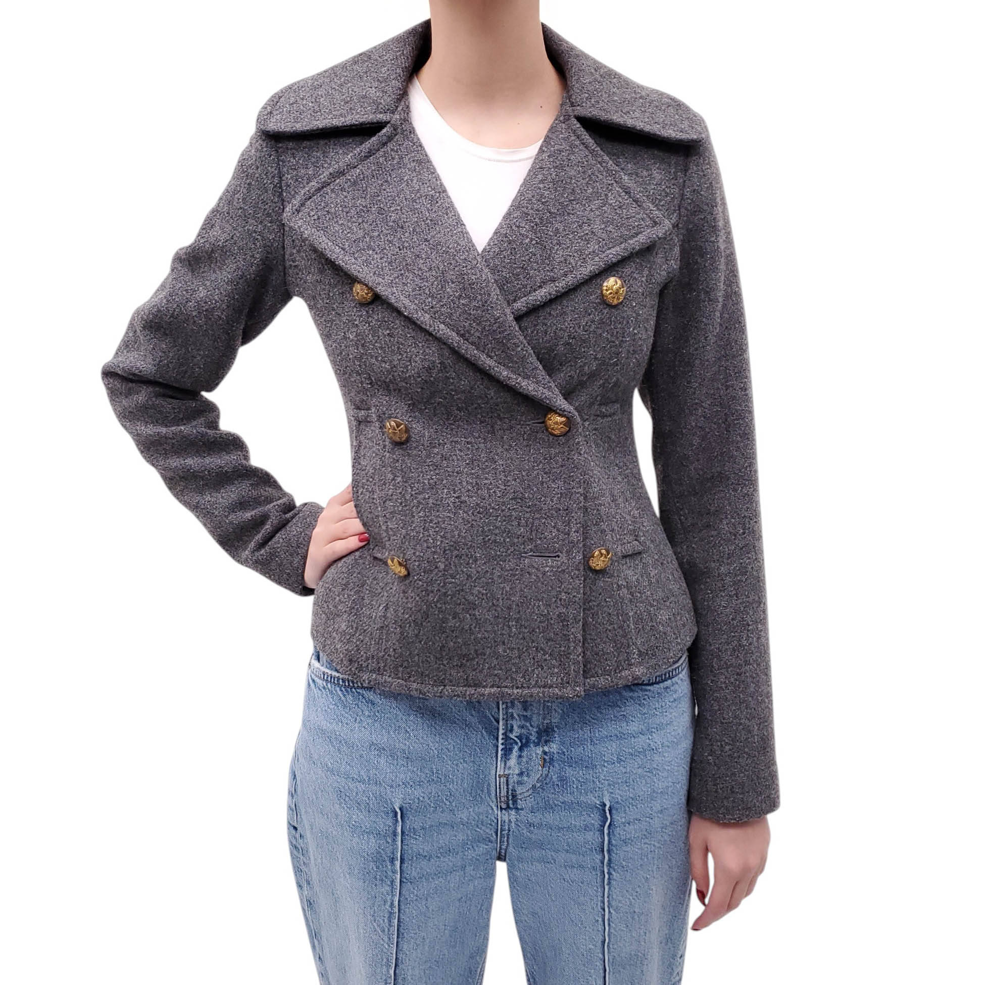 SMYTHE GREY WOOL JACKET WITH EAGLE BUTTON DETAILS - SIZE 4