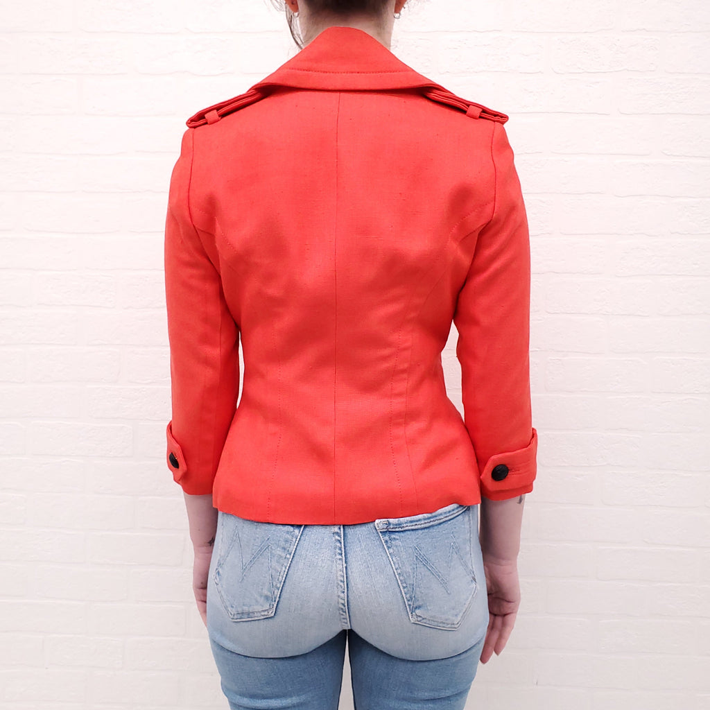 SMYTHE RED LINEN JACKET WITH BLACK BUTTON DETAIL - SIZE 4