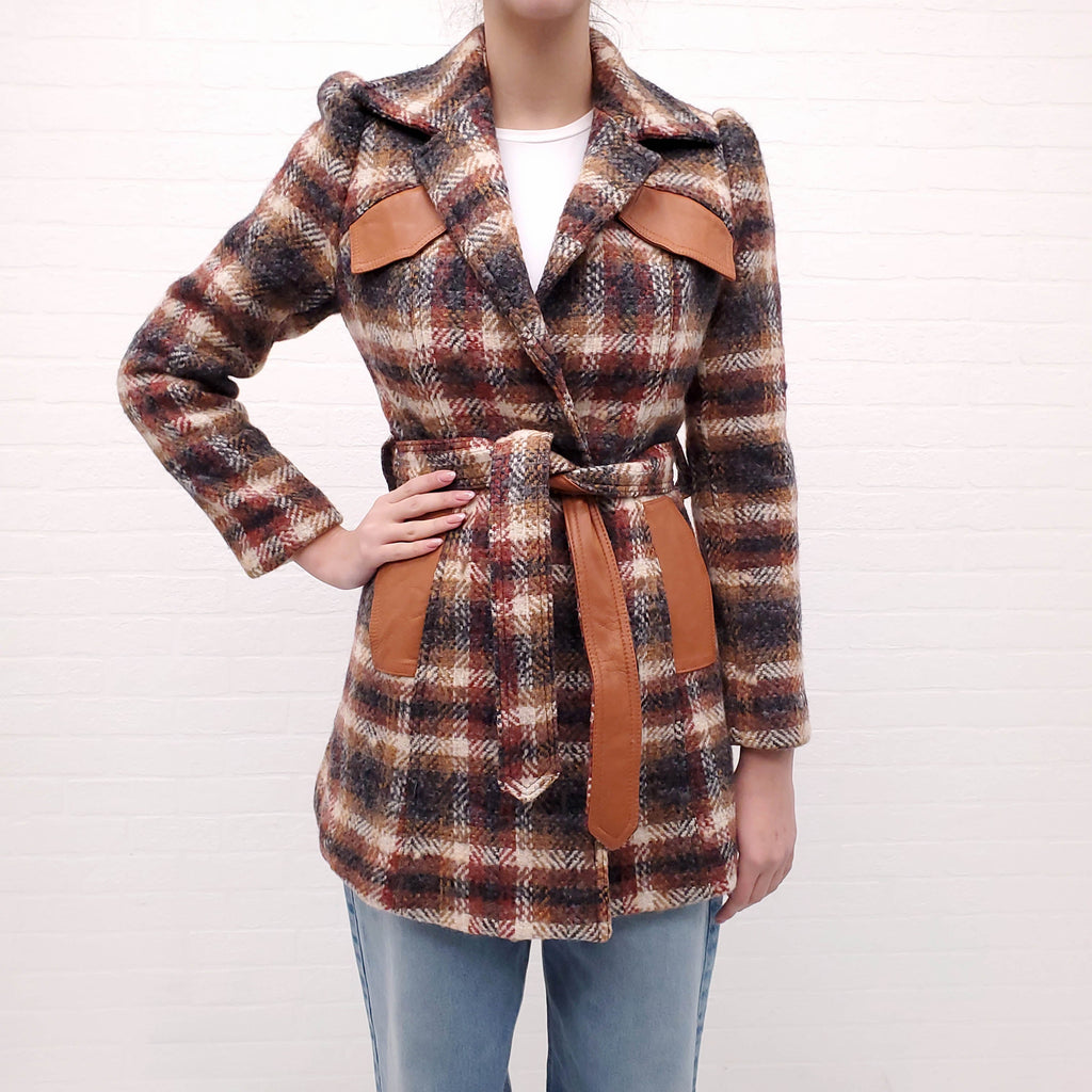 SMYTHE TERRACOTTA PLAID COAT WITH LEATHER BELT - SIZE 6